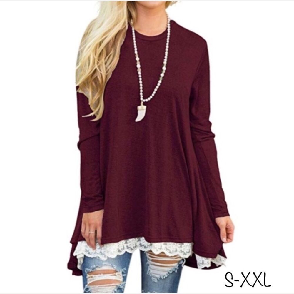 Wine Colored Lace Trim Dress Tunic S-XXL